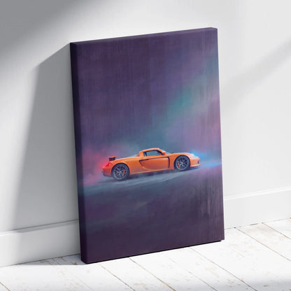Porsche carrera gt inspired canvas art featuring an orange sports car with purple and teal atmospheric lighting