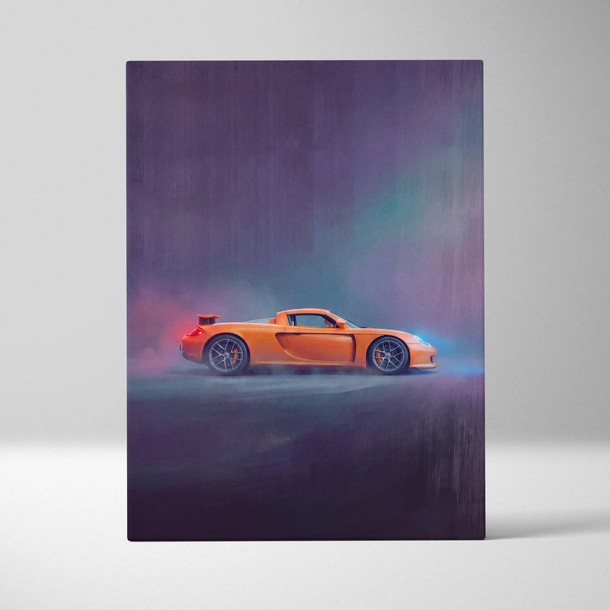 Vibrant orange porsche boxster sports car side profile on premium canvas art for automotive wall decor