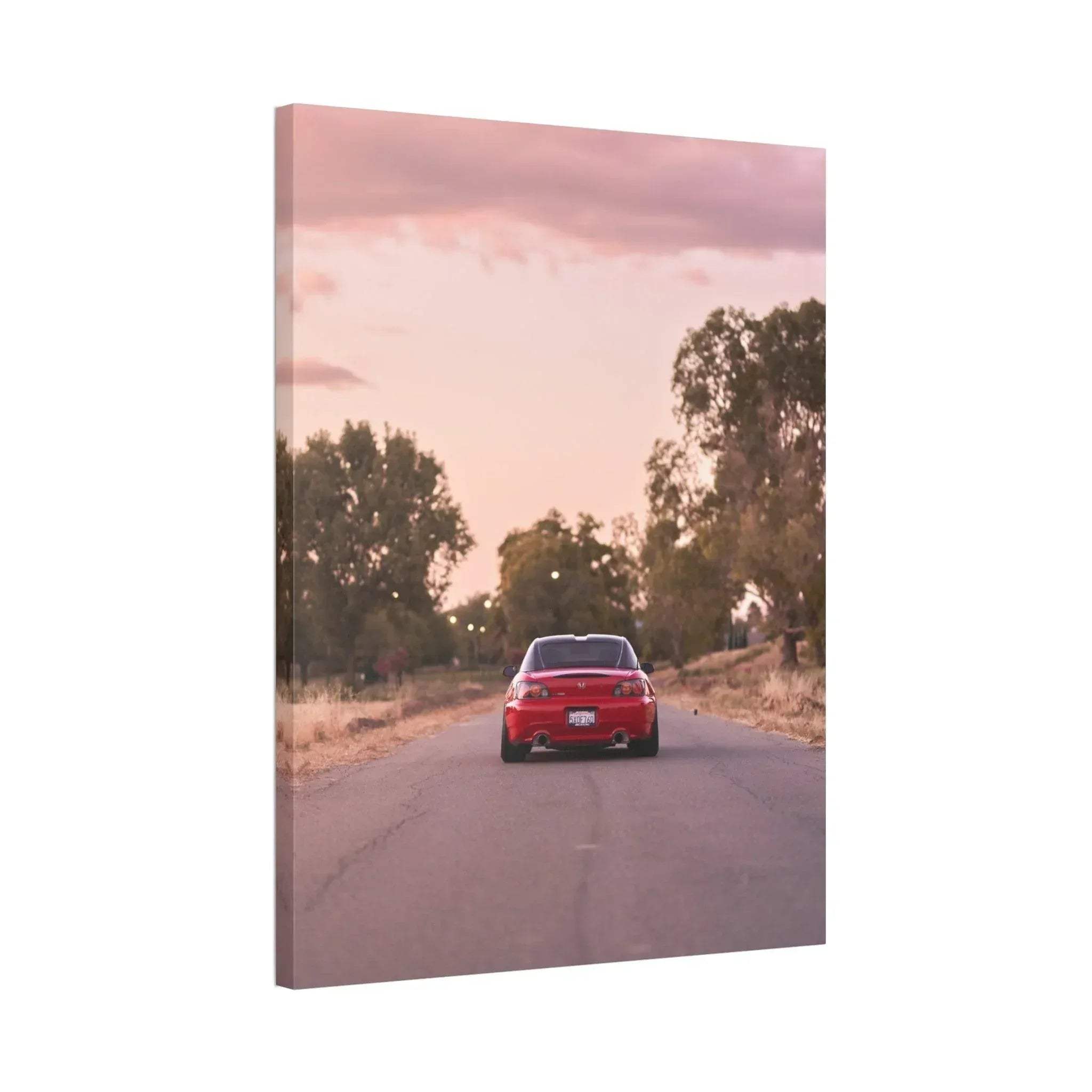 Red Honda S2000 driving on road at sunset canvas art wall decor vertical canvas wall art.