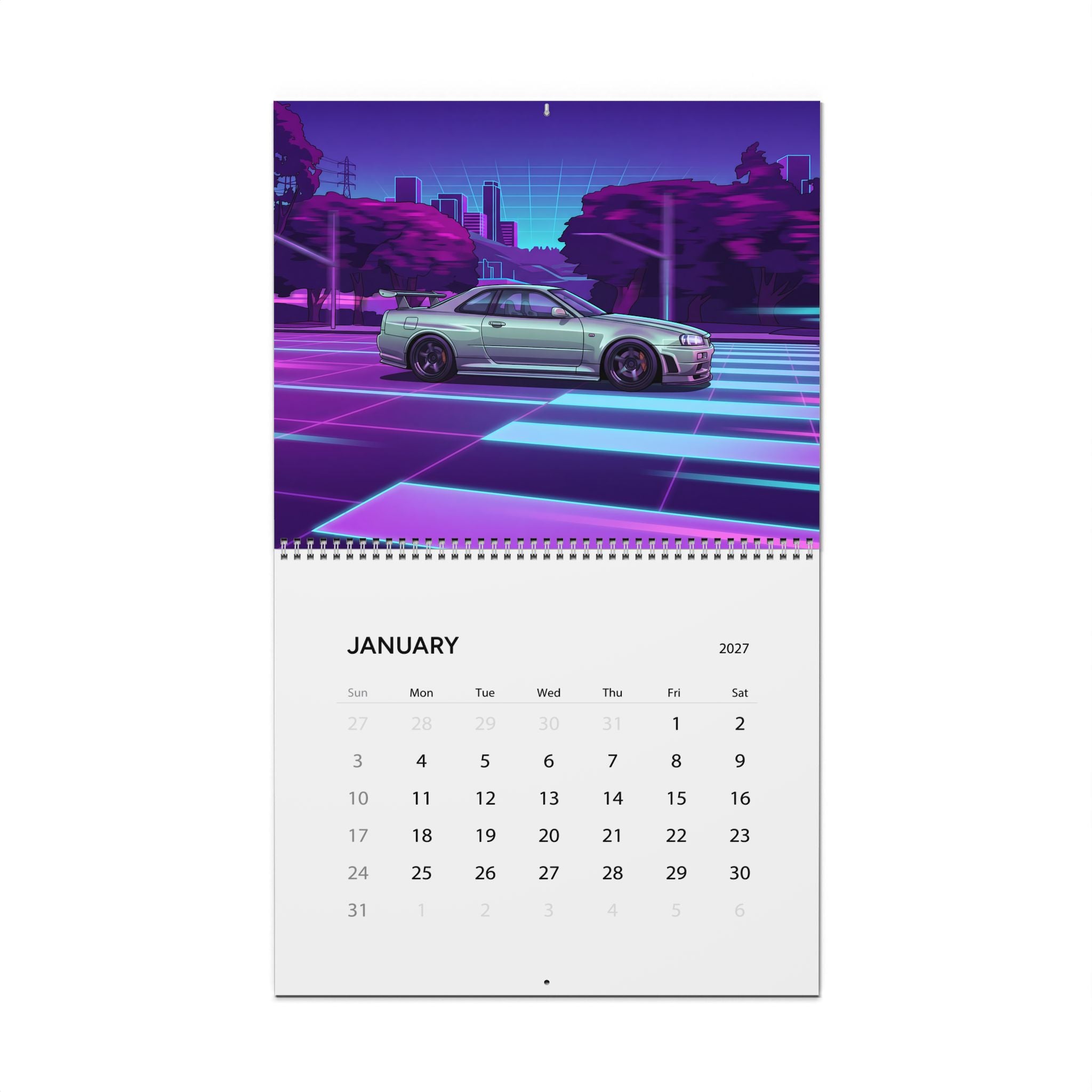 2027 Nissan GT-R Inspired Vaporwave Wall Calendar – Japanese Performance Car & Retro Neon Artwork Collection