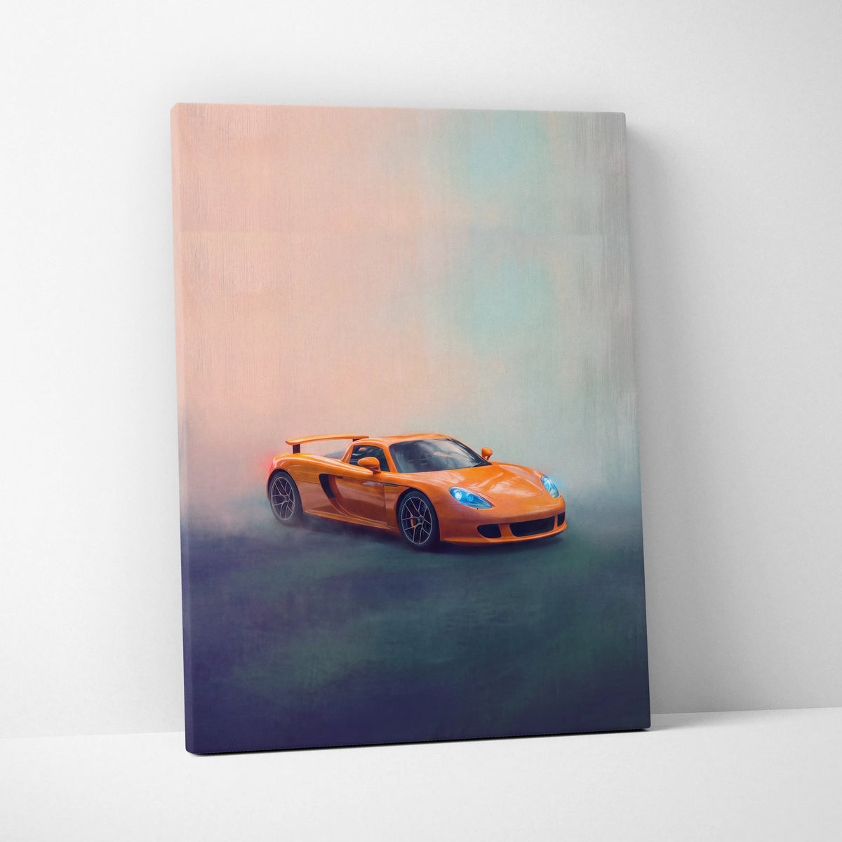 Orange porsche carrera gt inspired sports car in a misty track edition canvas painting wall art print