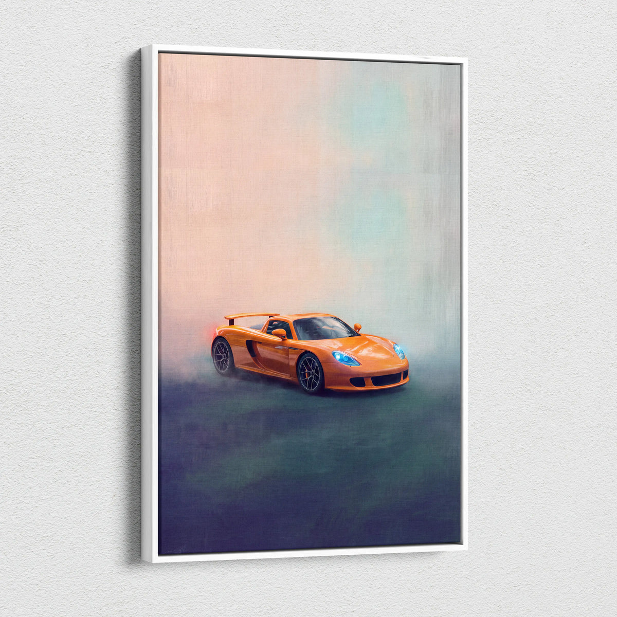 Orange Porsche Carrera GT inspired sports car wall art with misty gradient background on canvas print