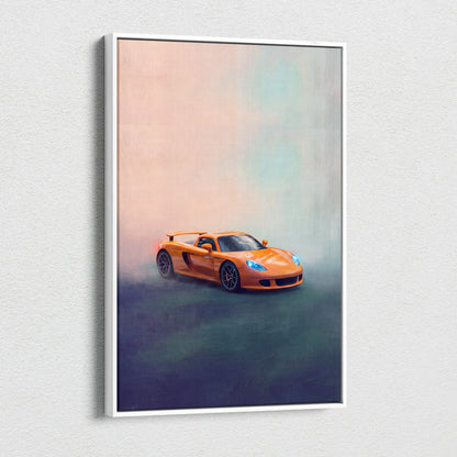 Orange Porsche Carrera GT inspired sports car wall art with misty gradient background on canvas print