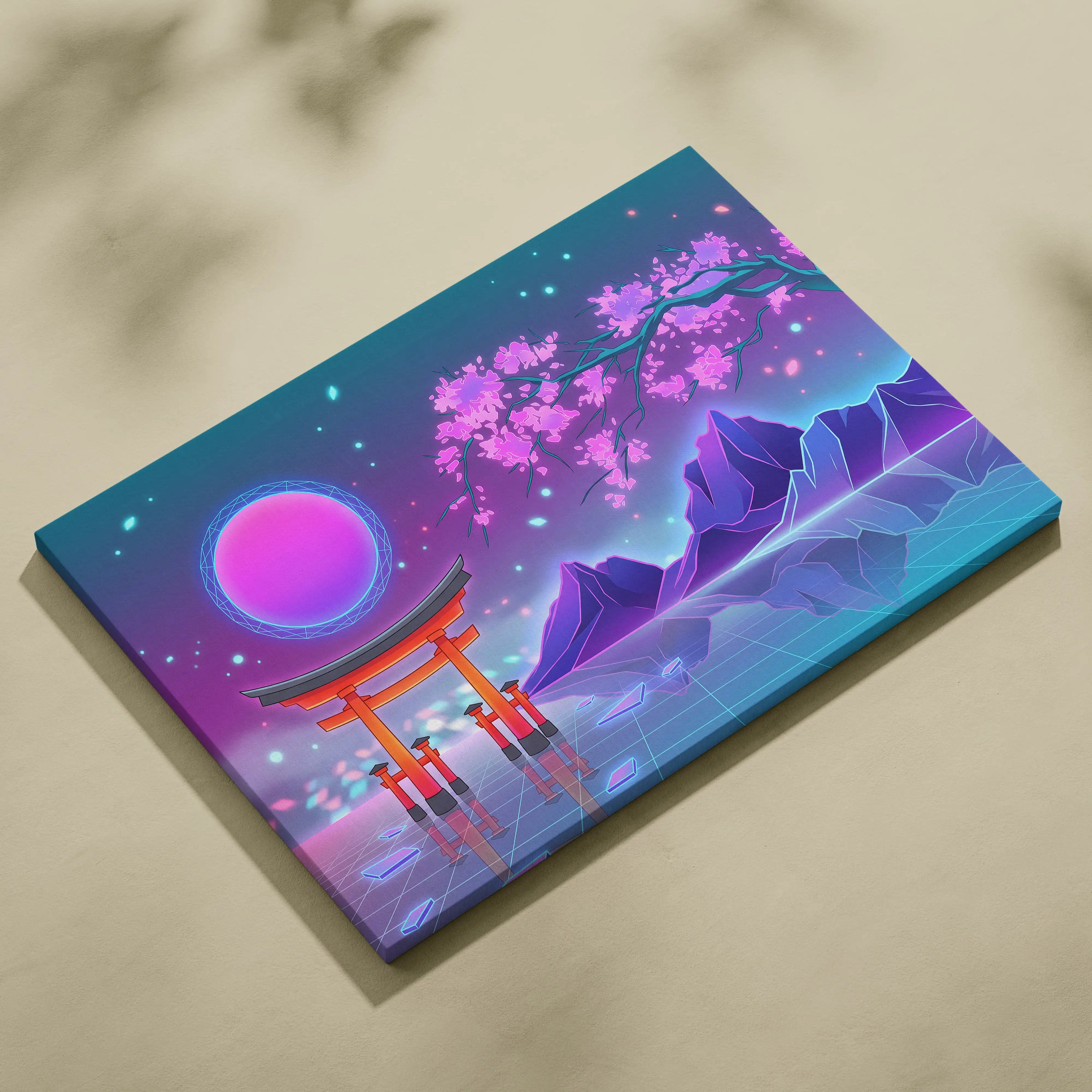 Vaporwave Fuji Bloom Canvas - Fuji Blossom Vaporwave Wall Art Living Room Neon Dreamy Neon Mood Modern Pop Decor Canvas