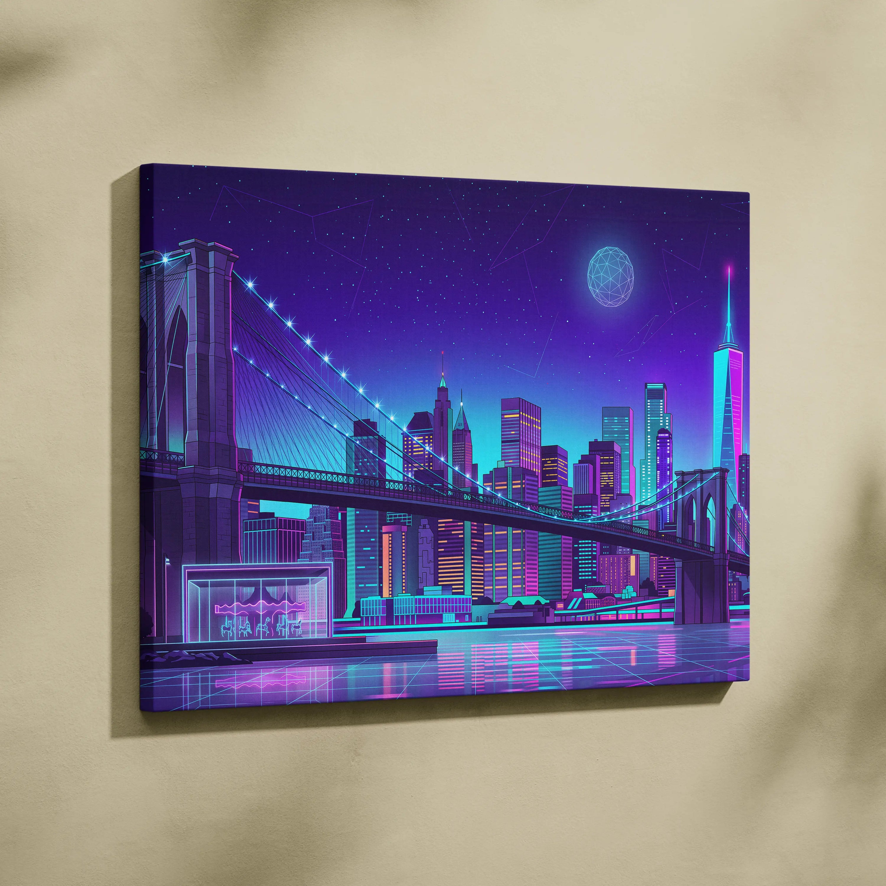 Vaporwave Neon Skyline Canvas Art - Vaporwave Cityscape Purple Neon Living Room Dreamy Neon Mood Wall Art Canvas