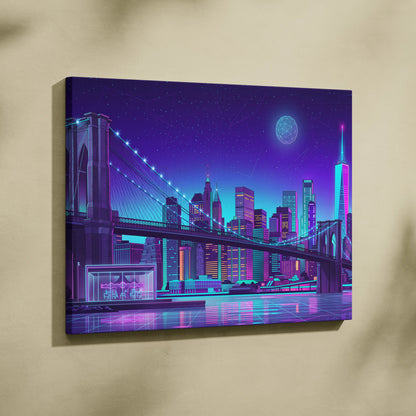 Vaporwave Neon Skyline Canvas Art - Vaporwave Cityscape Purple Neon Living Room Dreamy Neon Mood Wall Art Canvas