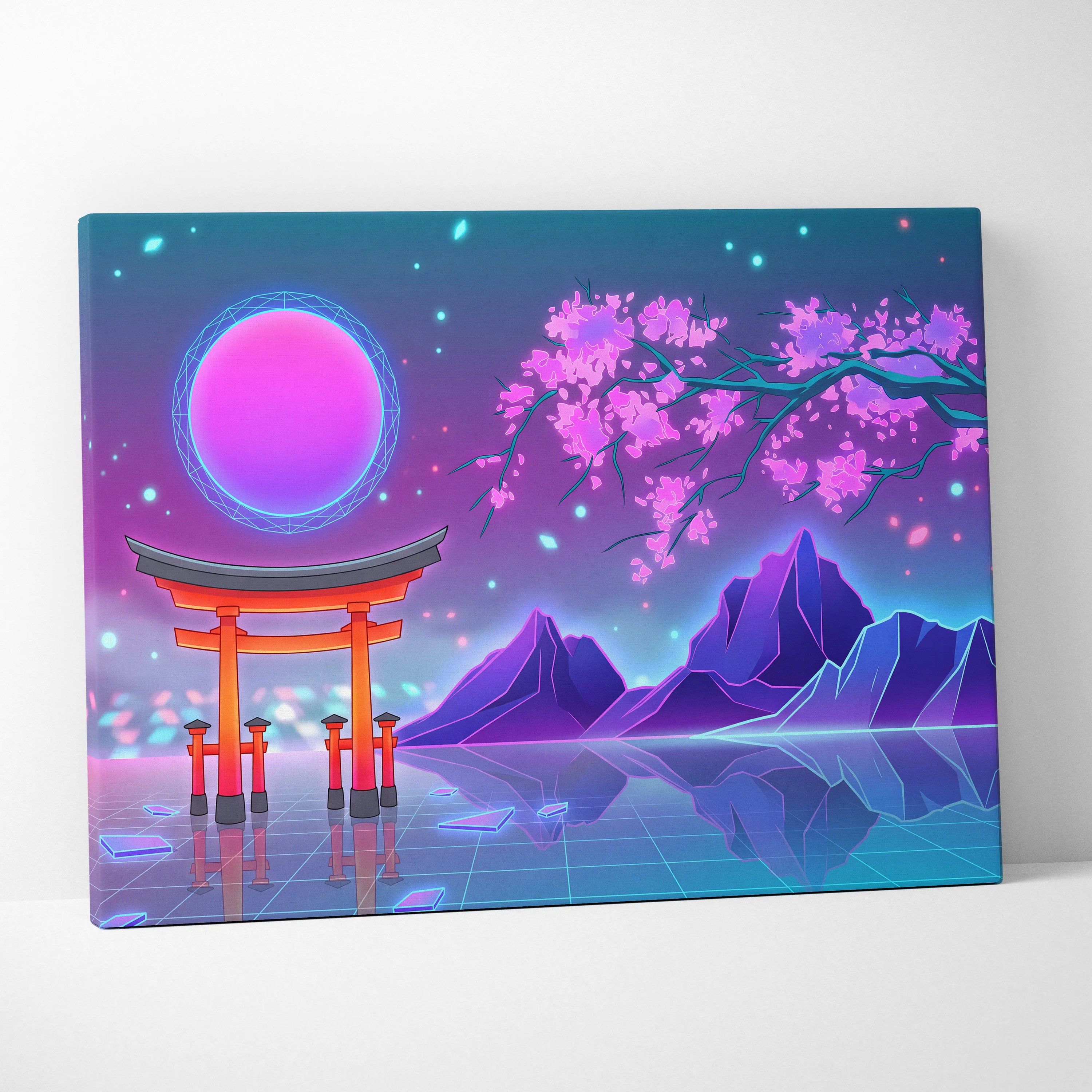 Vaporwave Fuji Bloom Canvas - Fuji Blossom Vaporwave Wall Art Living Room Neon Dreamy Neon Mood Modern Pop Decor Canvas