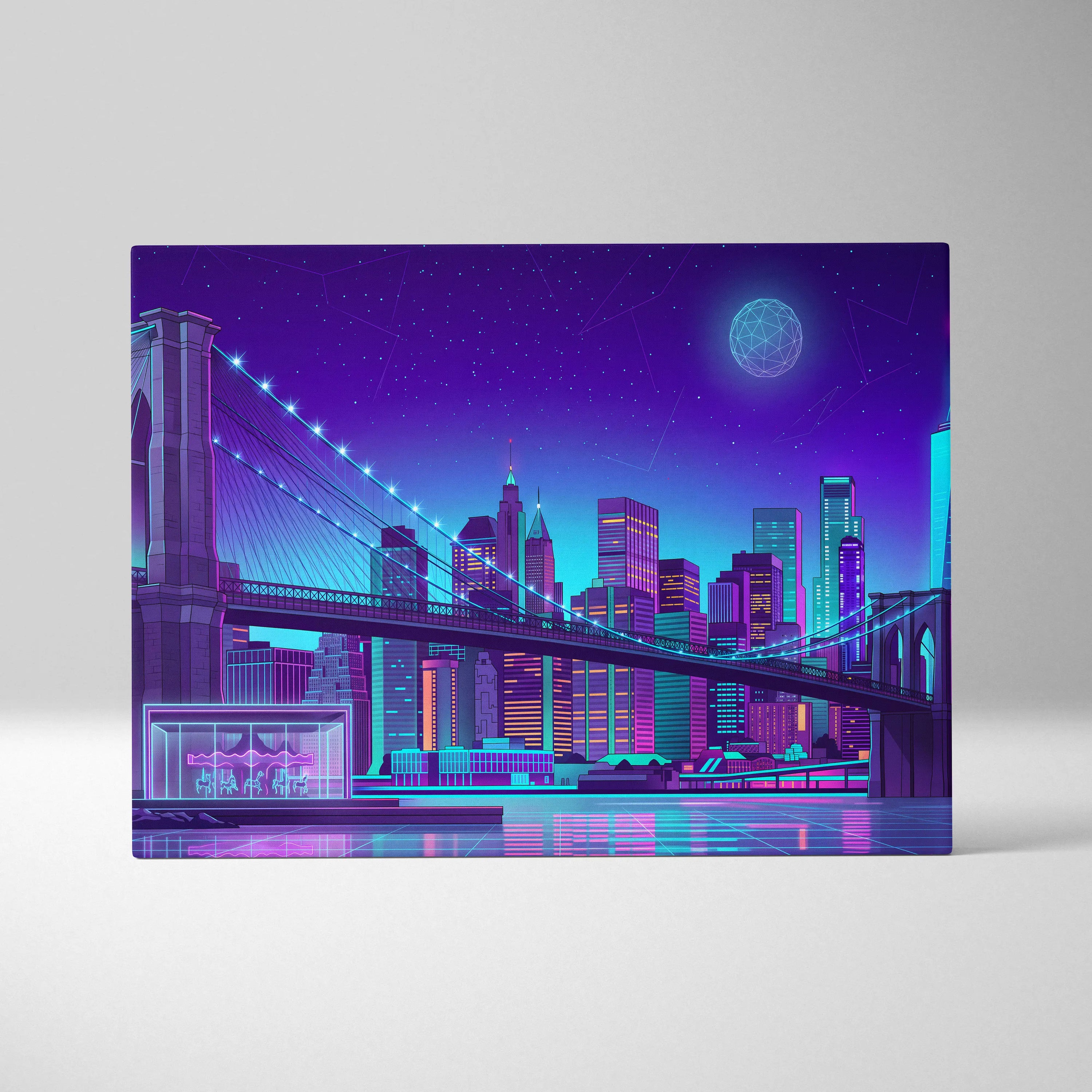 Vaporwave Neon Skyline Canvas Art - Vaporwave Cityscape Purple Neon Living Room Dreamy Neon Mood Wall Art Canvas