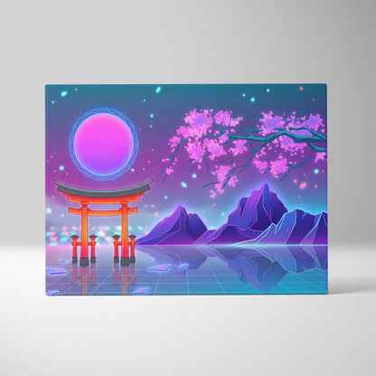 Vaporwave Fuji Bloom Canvas - Fuji Blossom Vaporwave Wall Art Living Room Neon Dreamy Neon Mood Modern Pop Decor Canvas