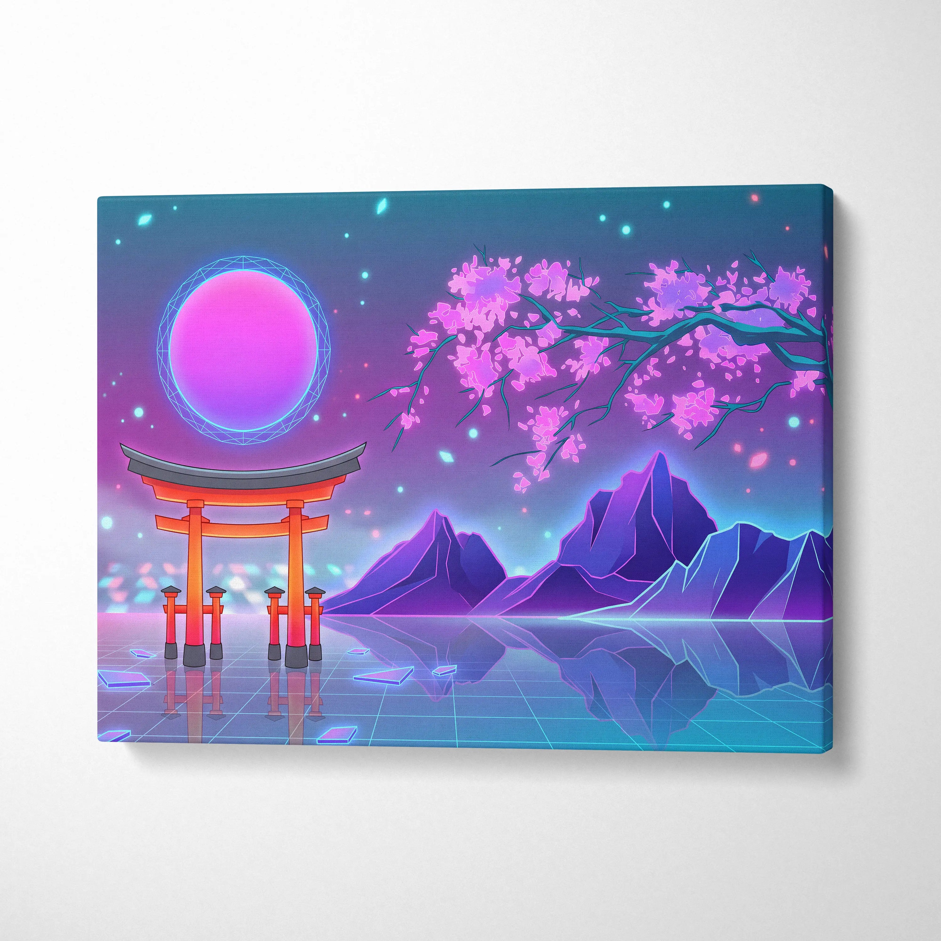 Vaporwave Fuji Bloom Canvas - Fuji Blossom Vaporwave Wall Art Living Room Neon Dreamy Neon Mood Modern Pop Decor Canvas