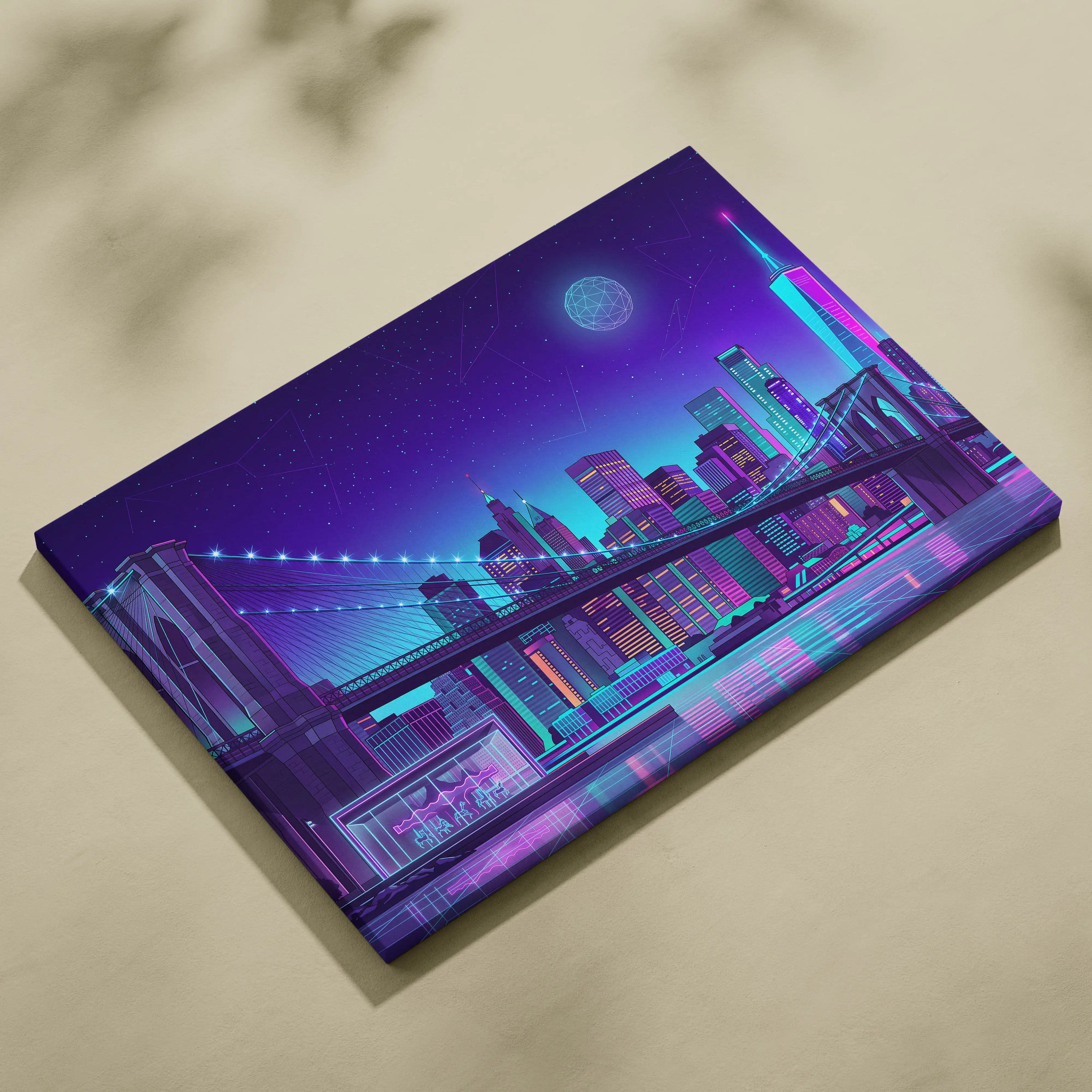 Vaporwave Neon Skyline Canvas Art - Vaporwave Cityscape Purple Neon Living Room Dreamy Neon Mood Wall Art Canvas