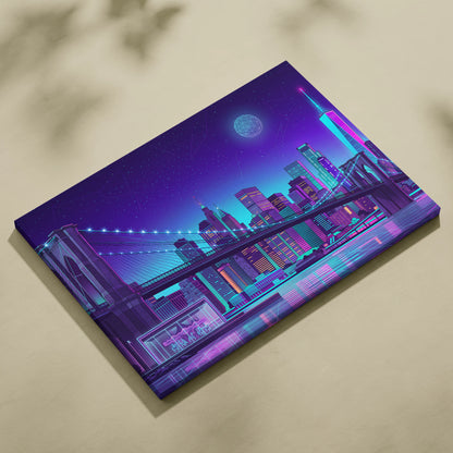Vaporwave Neon Skyline Canvas Art - Vaporwave Cityscape Purple Neon Living Room Dreamy Neon Mood Wall Art Canvas