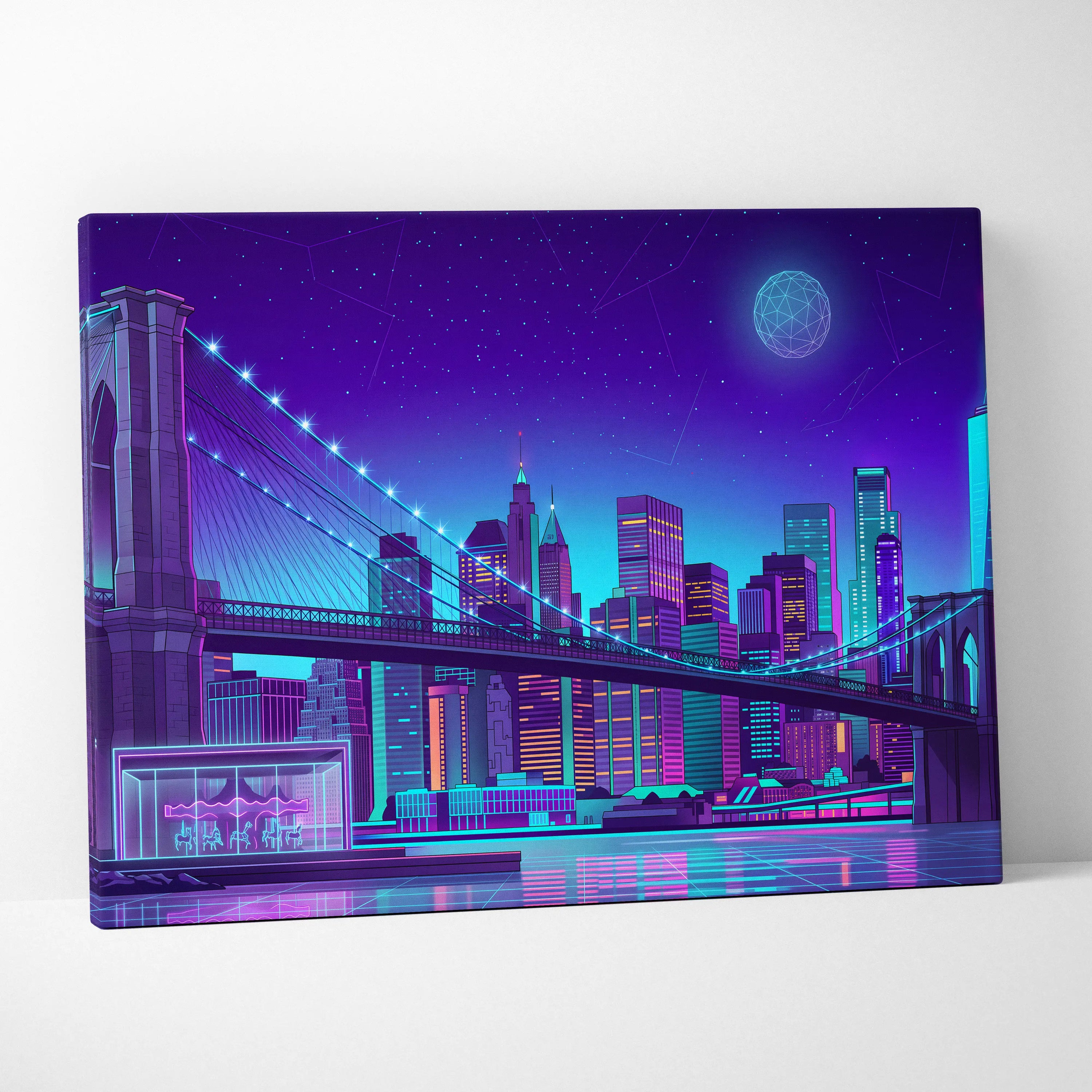 Vaporwave Neon Skyline Canvas Art - Vaporwave Cityscape Purple Neon Living Room Dreamy Neon Mood Wall Art Canvas