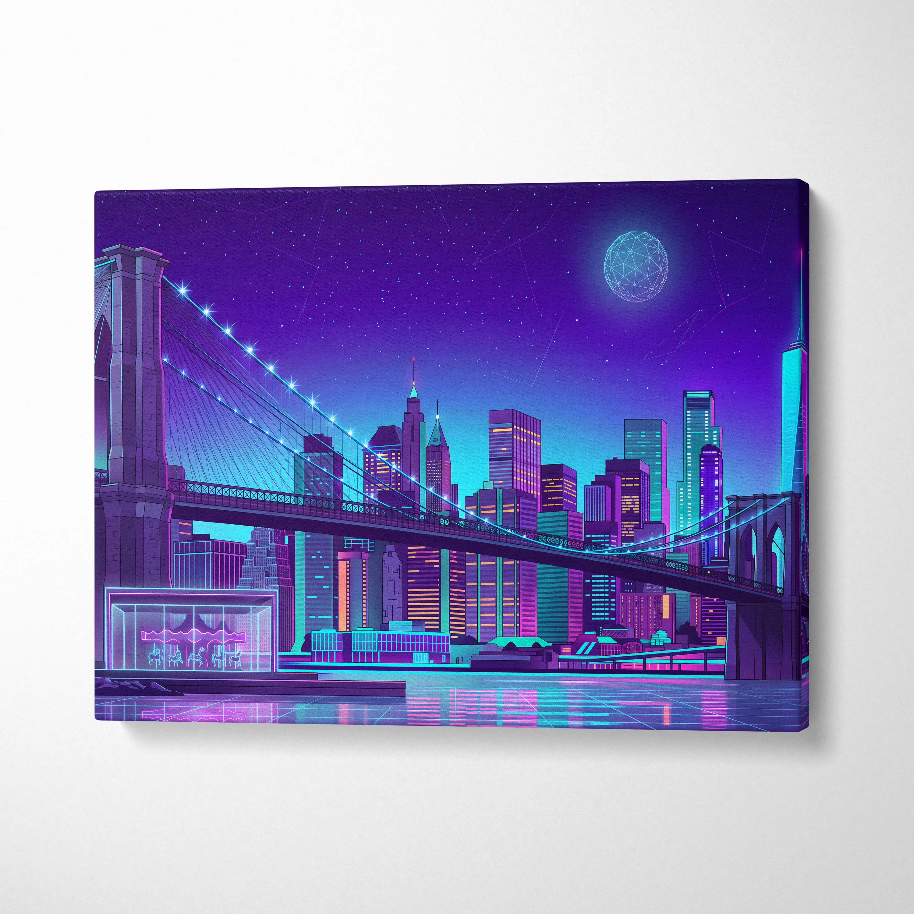 Vaporwave Neon Skyline Canvas Art - Vaporwave Cityscape Purple Neon Living Room Dreamy Neon Mood Wall Art Canvas