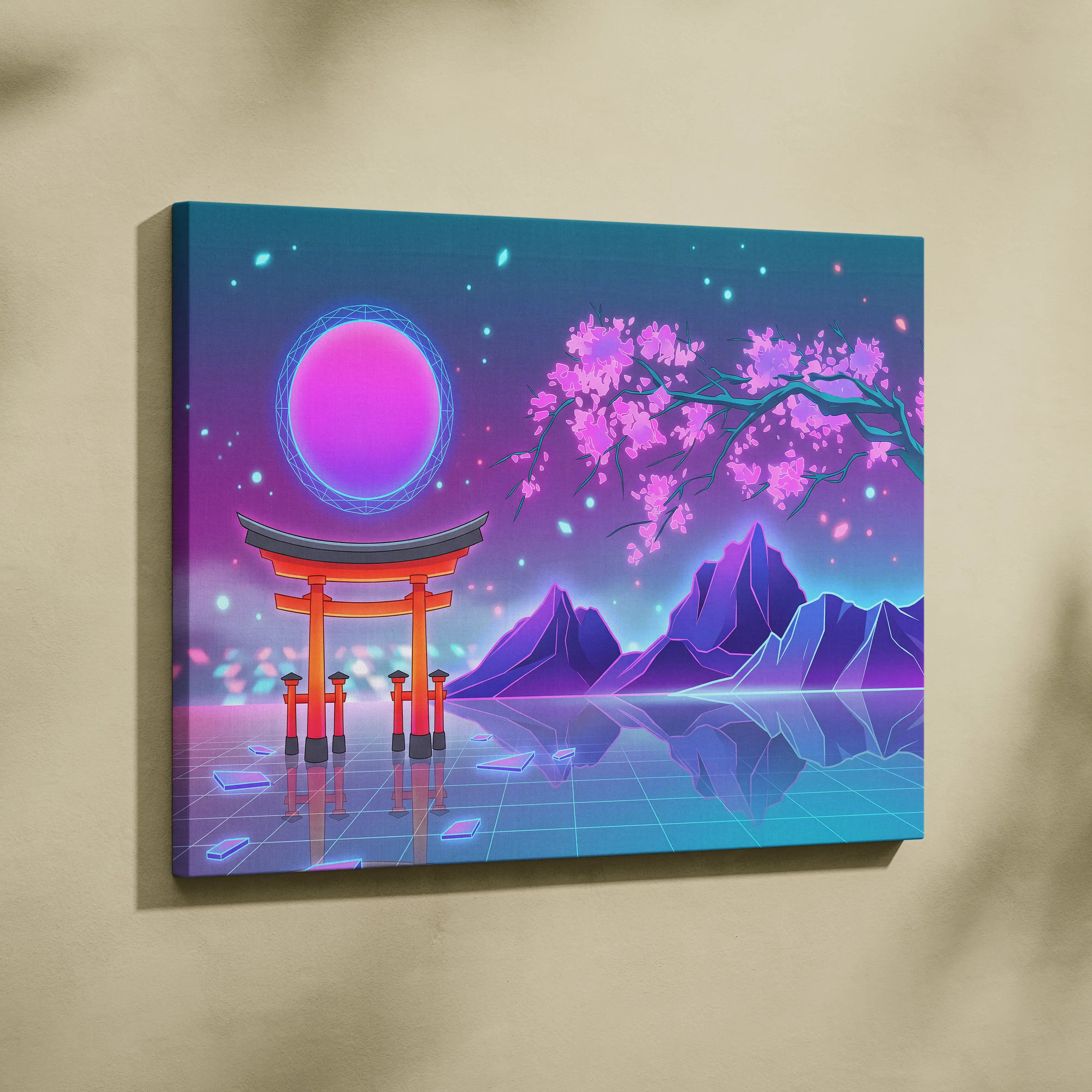 Vaporwave Fuji Bloom Canvas - Fuji Blossom Vaporwave Wall Art Living Room Neon Dreamy Neon Mood Modern Pop Decor Canvas