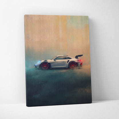 White Porsche 911 GT3 with red wheels and black rear spoiler on luxury supercar canvas print wall art