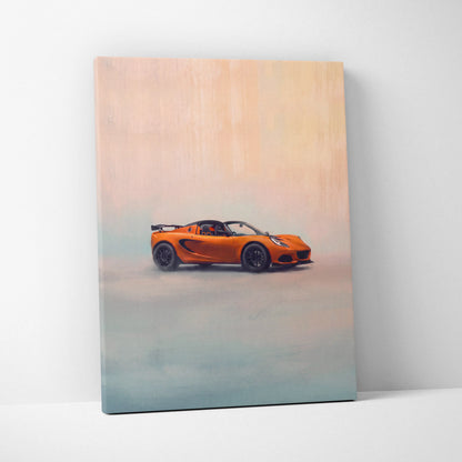 Vibrant orange Lotus Elise inspired canvas art with sleek black wheels and minimalist gradient background wall decor print