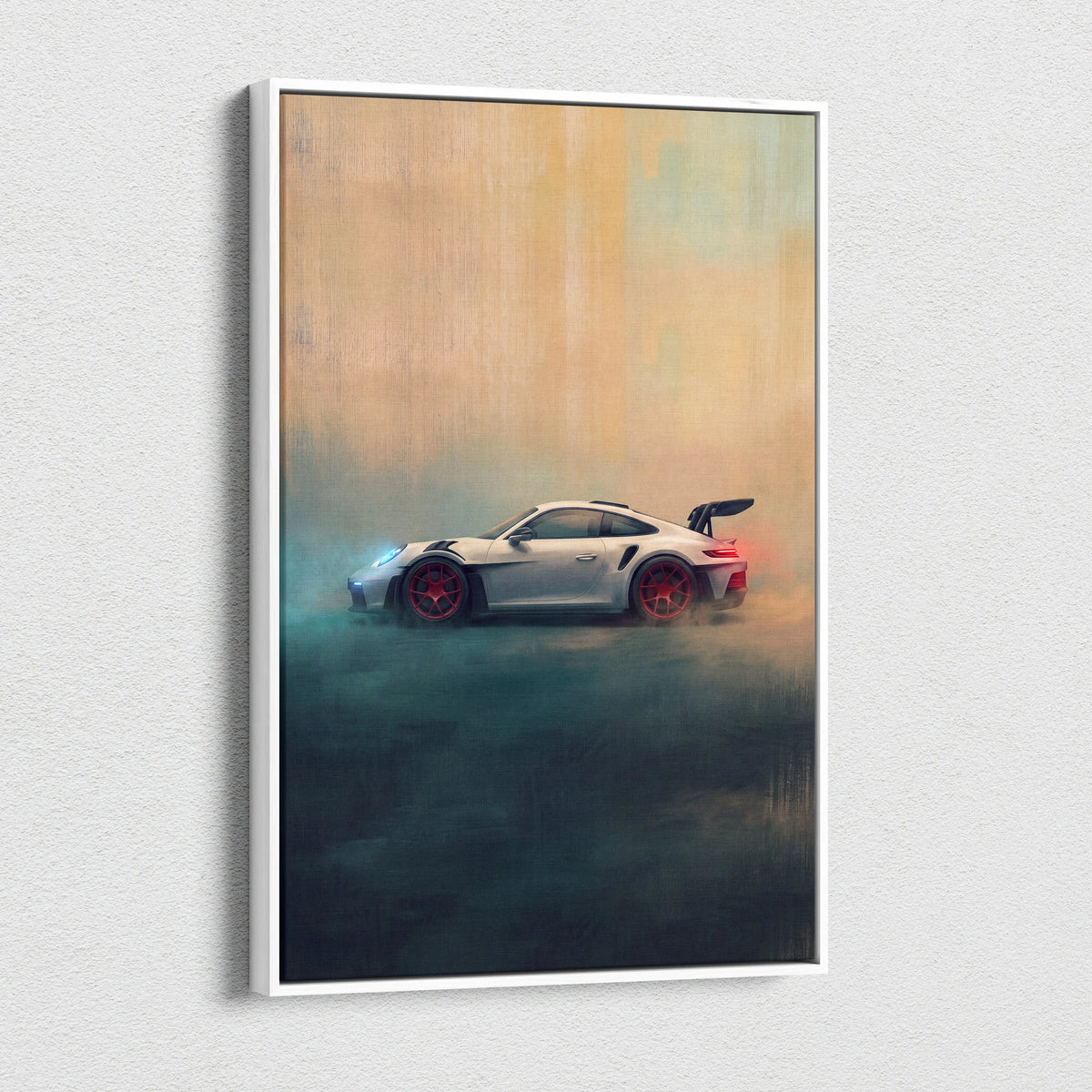 White Porsche 911 GT3 with red wheels in a luxury supercar canvas print framed automotive wall art