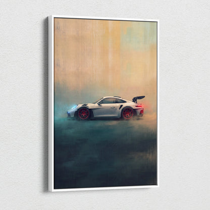 White Porsche 911 GT3 with red wheels in a luxury supercar canvas print framed automotive wall art