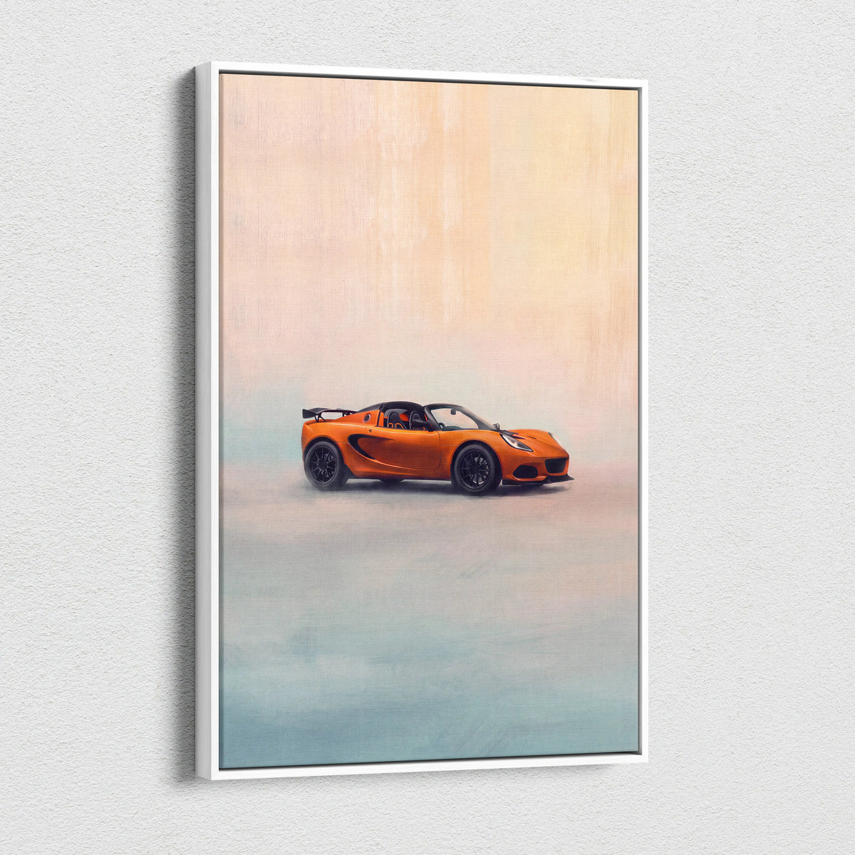 Lotus exige inspired canvas art featuring an orange sports car with black wheels in minimalist luxury wall decor print
