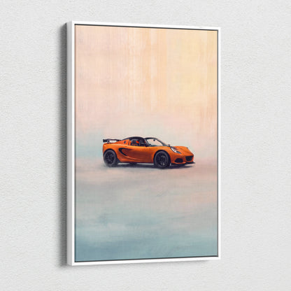Lotus exige inspired canvas art featuring an orange sports car with black wheels in minimalist luxury wall decor print