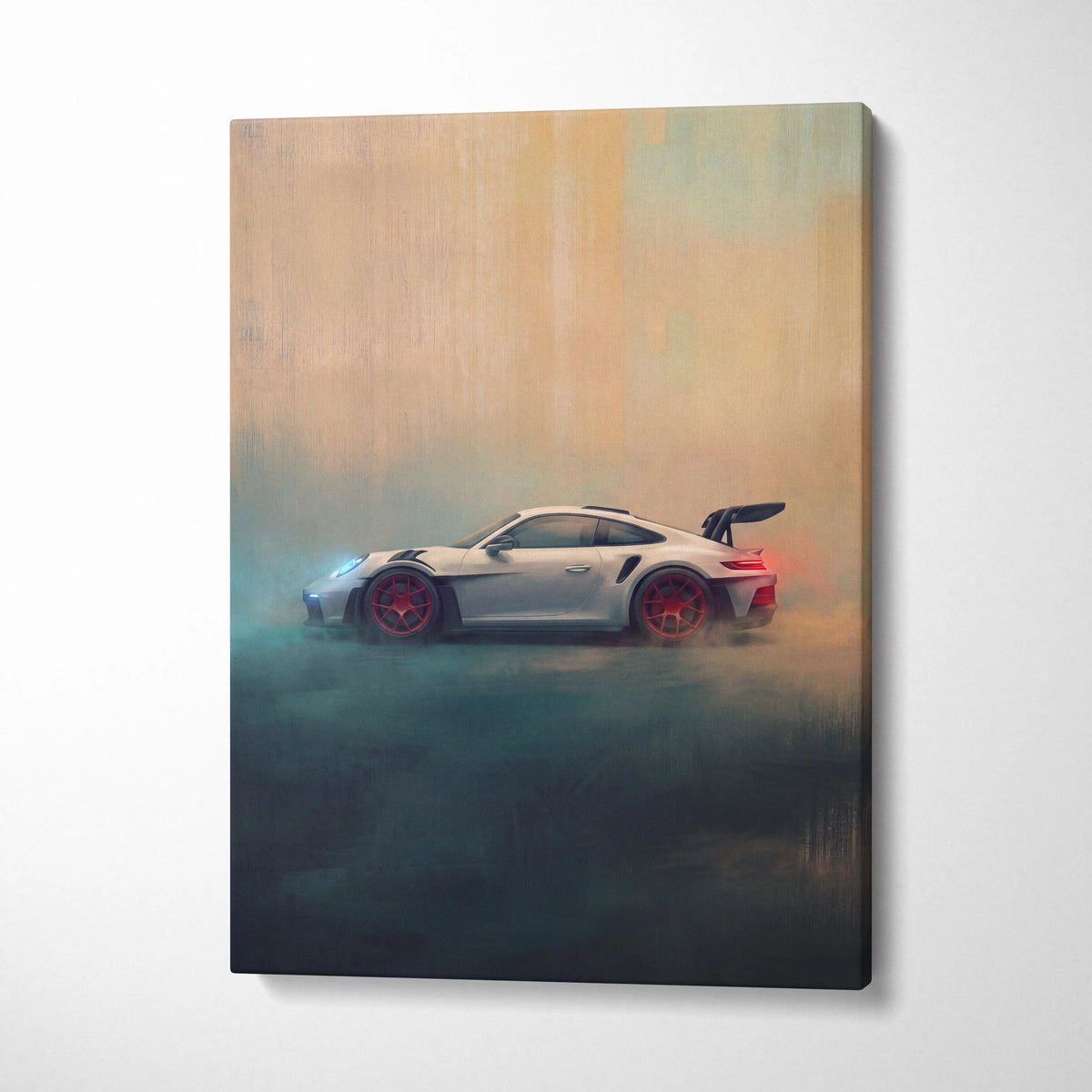 White porsche 911 gt3 rs inspired canvas print featuring red wheels and black rear wing luxury supercar wall art