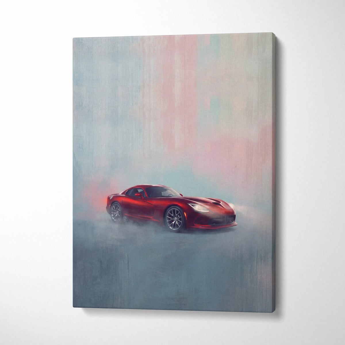 Vibrant red dodge viper inspired automotive canvas art with dynamic smoky scene for bedroom wall decor