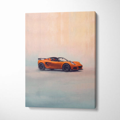 Vibrant orange lotus elise sports car on a minimalist misty landscape canvas print for luxury wall decor