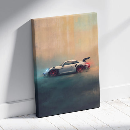 A sleek silver porsche 911 gt3 rs sports car with red wheels and black spoiler in motion on luxury supercar canvas print
