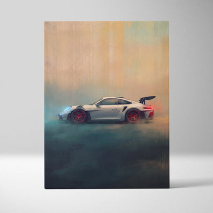 White porsche 911 gt3 with red-accented wheels and black spoiler in artistic rendering on luxury supercar canvas print