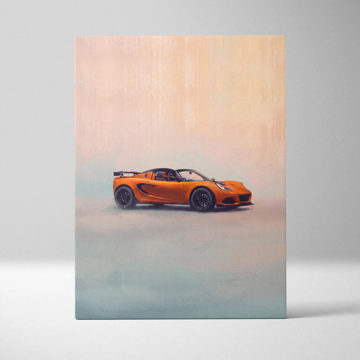 Lotus exige inspired canvas art featuring a vibrant orange sports car with black wheels and aerodynamic design