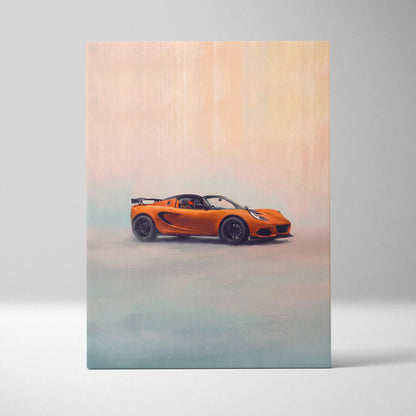 Lotus exige inspired canvas art featuring a vibrant orange sports car with black wheels and aerodynamic design