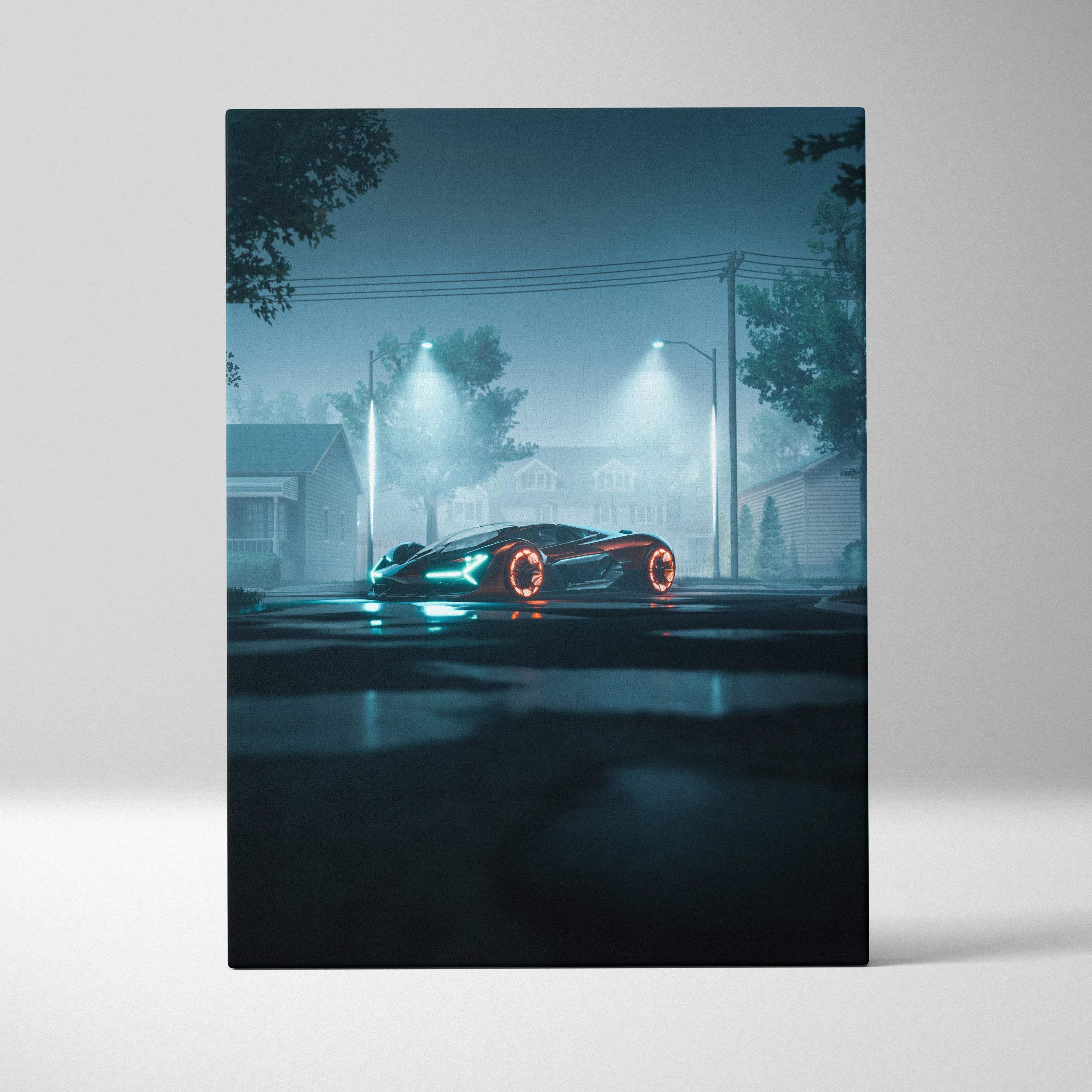 Visionary Collection futuristic supercar on foggy street with neon teal headlights