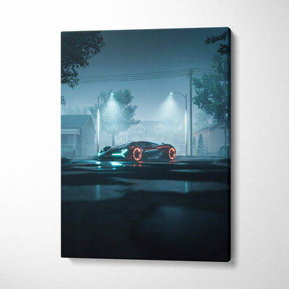 Futuristic supercar with neon teal headlights and glowing wheels on foggy street