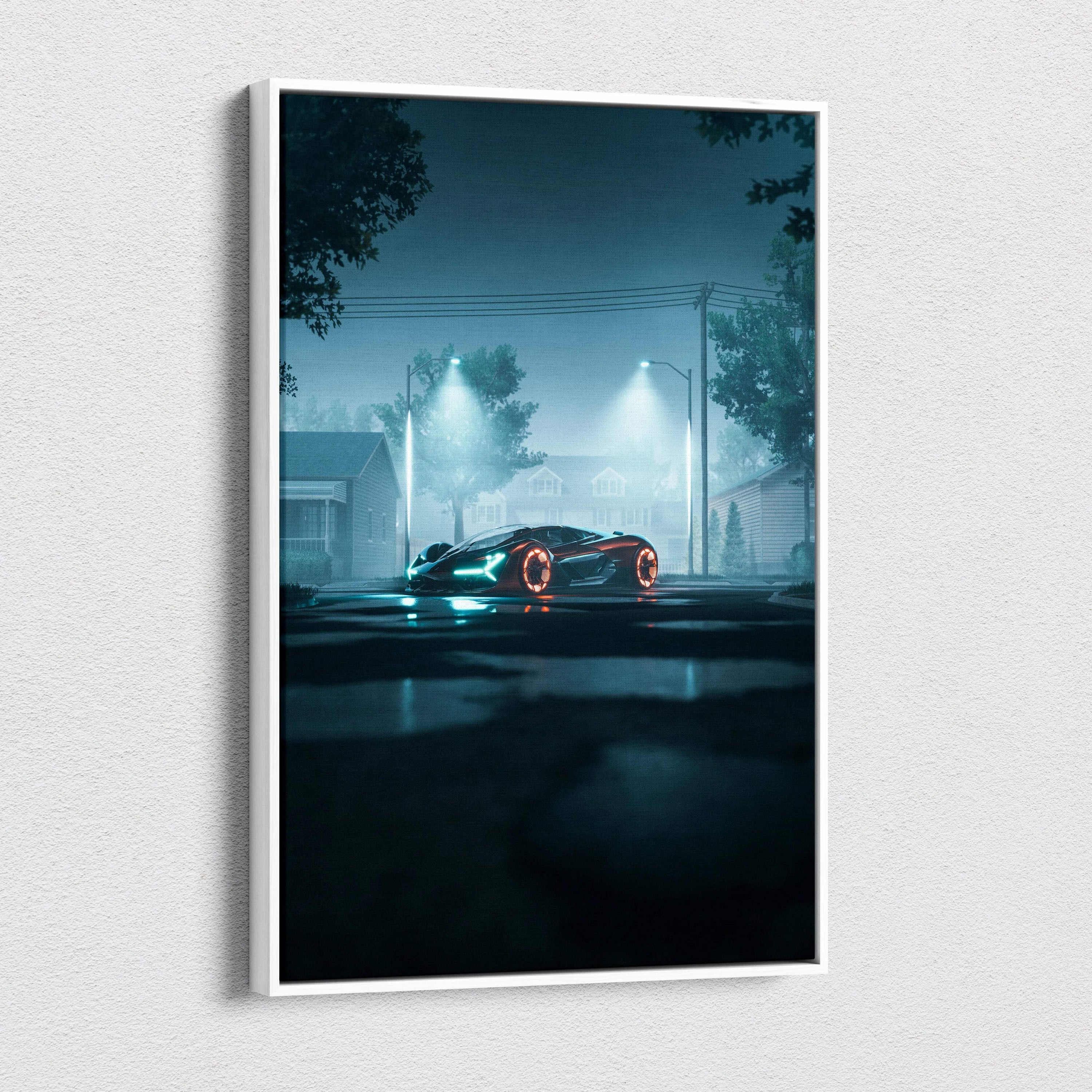 Narrow white-framed canvas print of futuristic supercar on foggy street at night