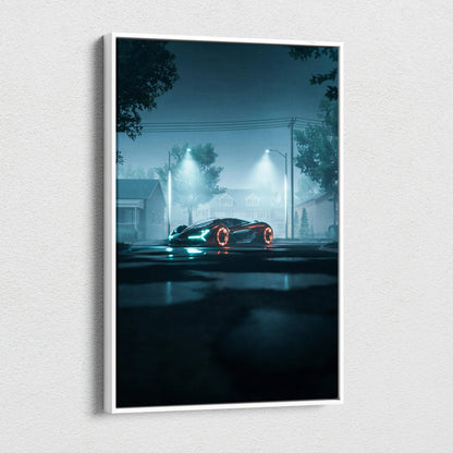 Narrow white-framed canvas print of futuristic supercar on foggy street at night