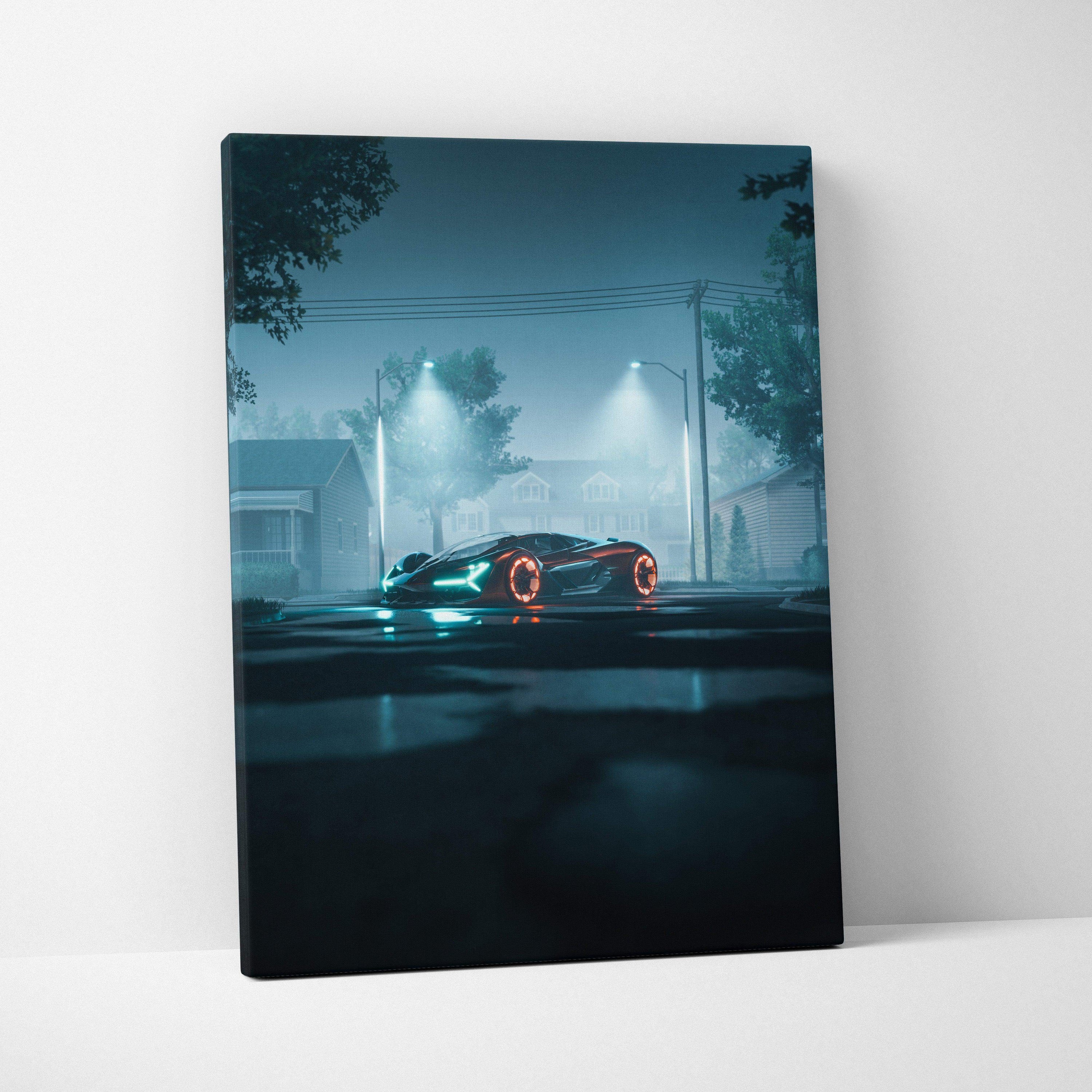 Canvas print of futuristic supercar on foggy street with neon teal headlights and glowing wheels