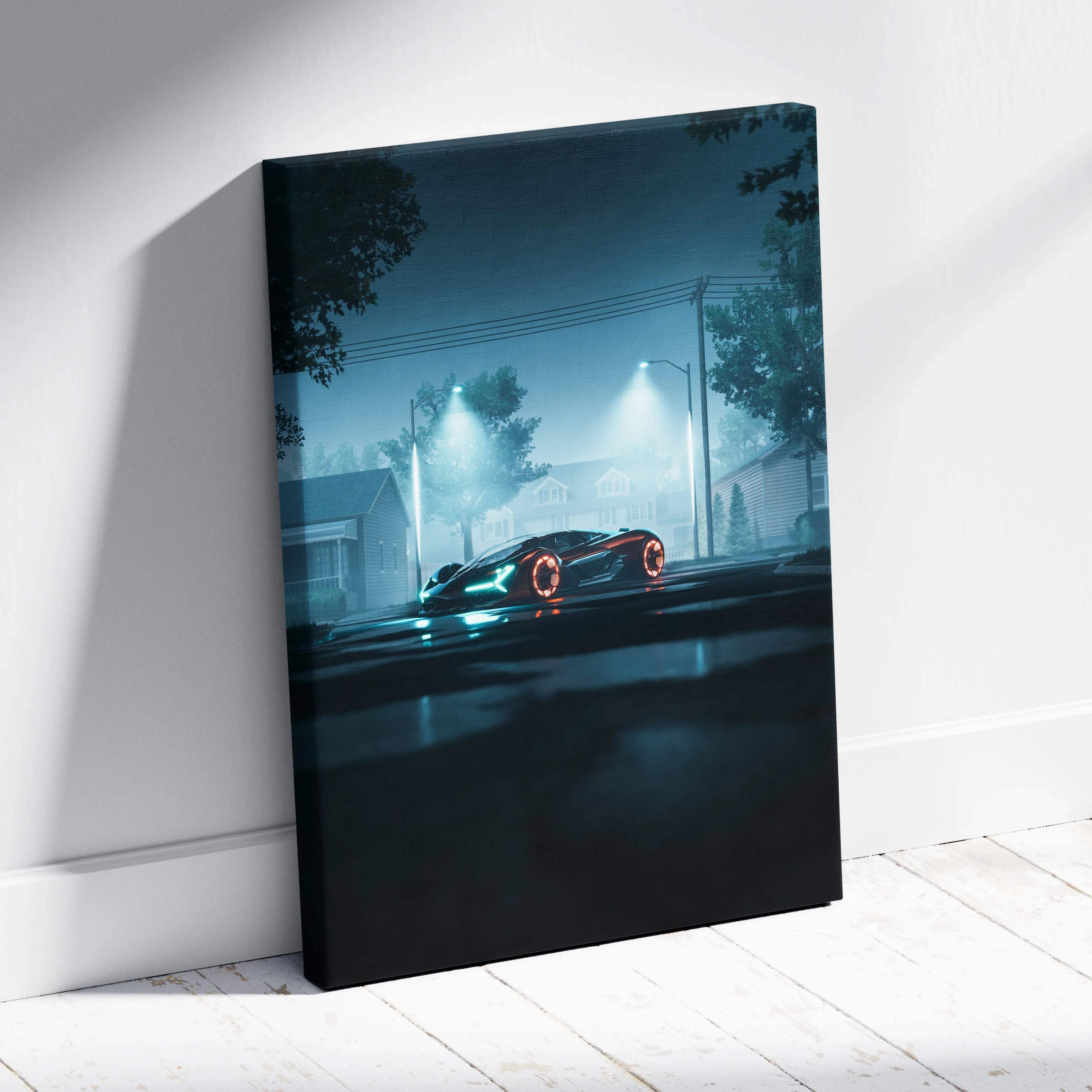 Visionary Collection futuristic supercar canvas print with neon teal headlights