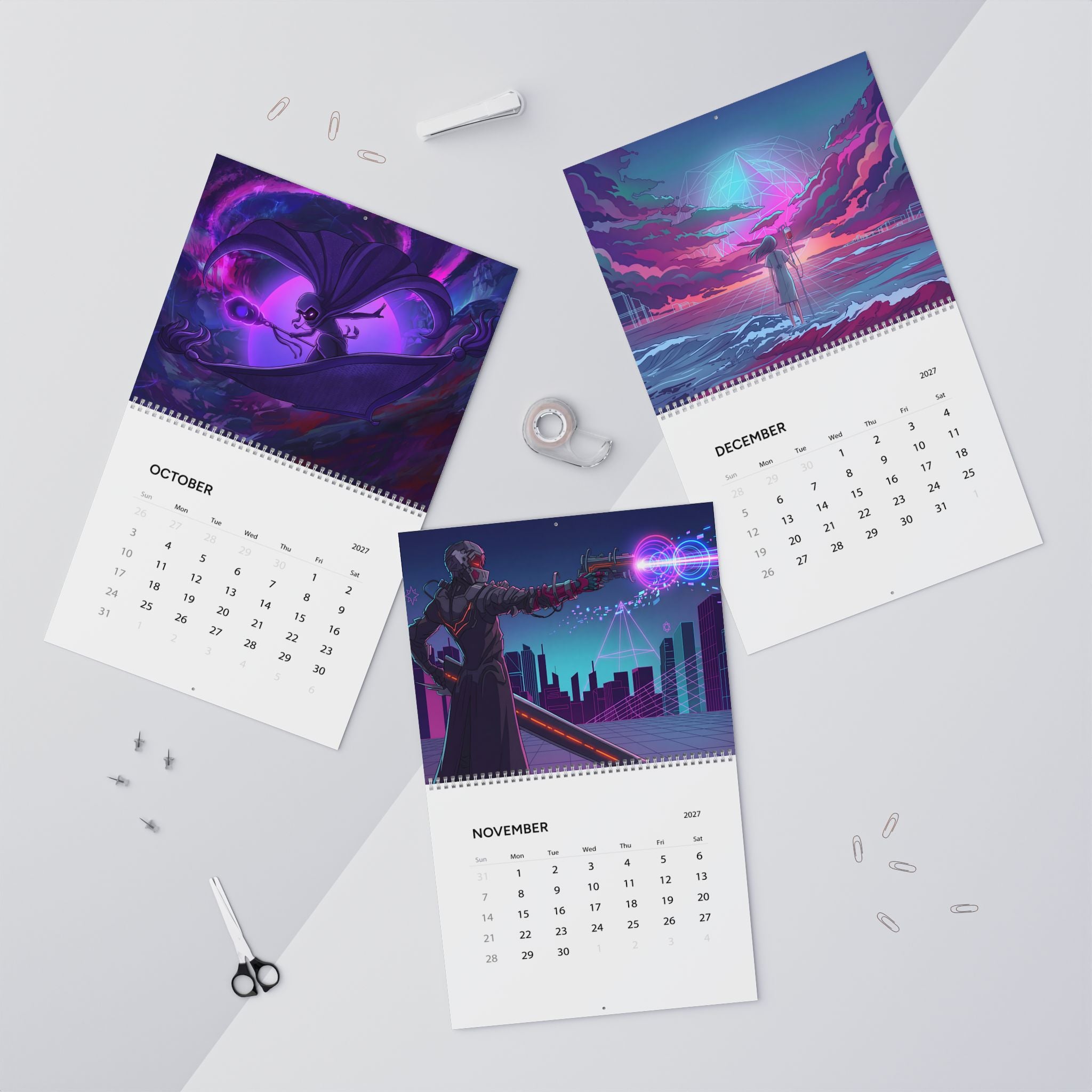 2027 Fantasy Art Wall Calendar – Neon Vaporwave & Retro Futuristic Artwork