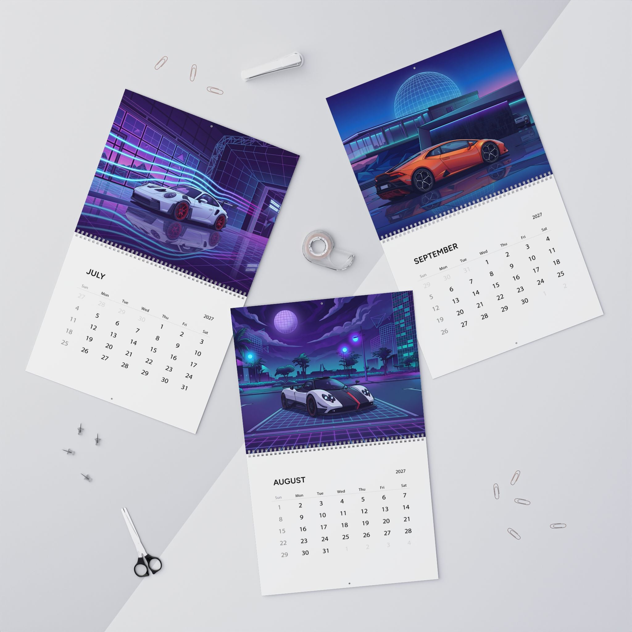 2027 Exotic Car Vaporwave Wall Calendar – High Performance Supercars & Neon Artwork Collection