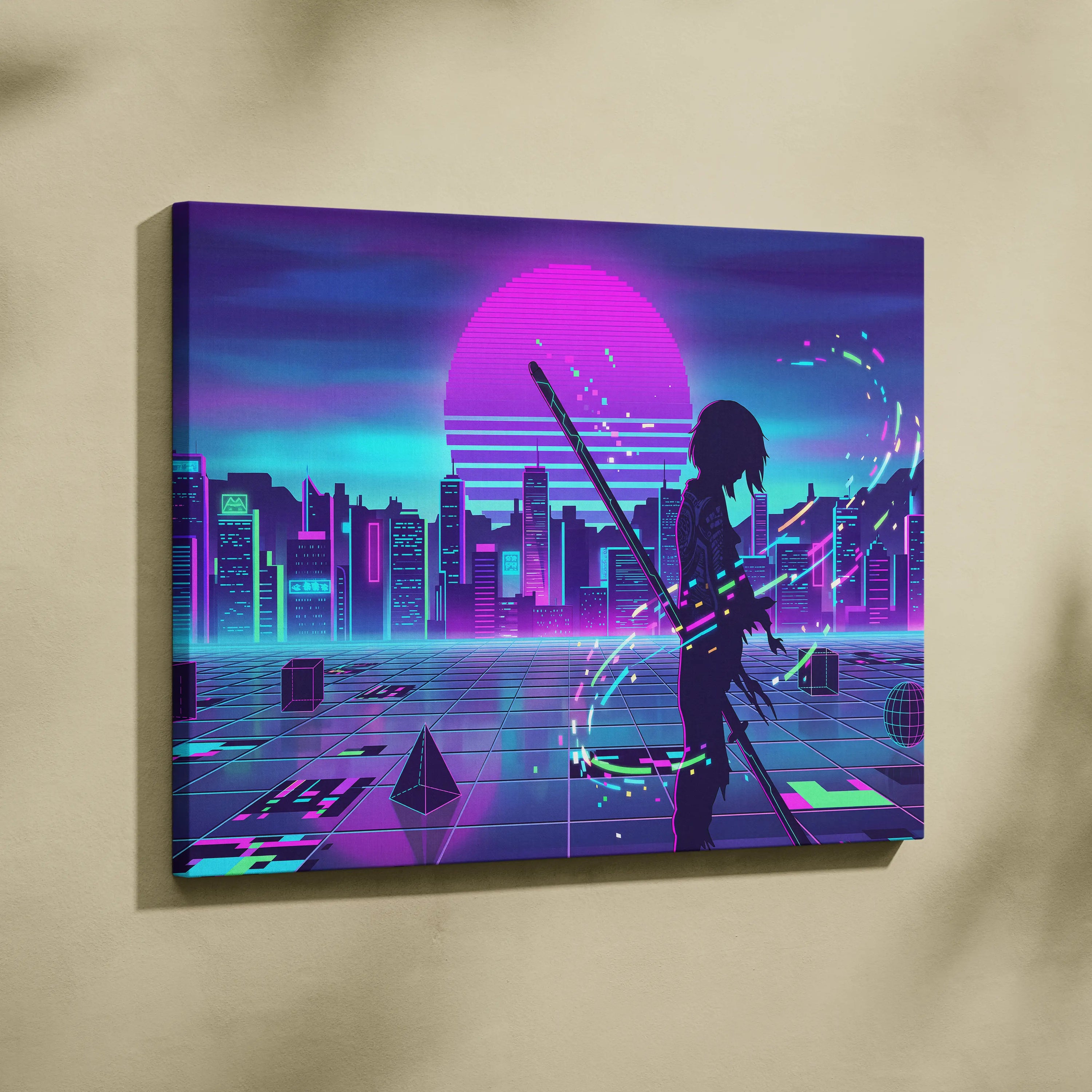 Vaporwave Neon Dream Canvas - Vaporwave City Neon Pink Bedroom Futurism Dreamy Mood Canvas