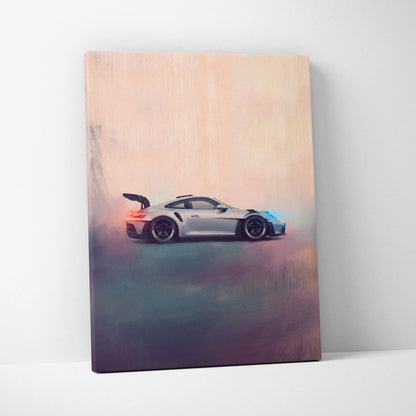 Silver porsche 911 gt3 rs luxury supercar canvas print with sleek aerodynamic design and glowing blue and orange accents