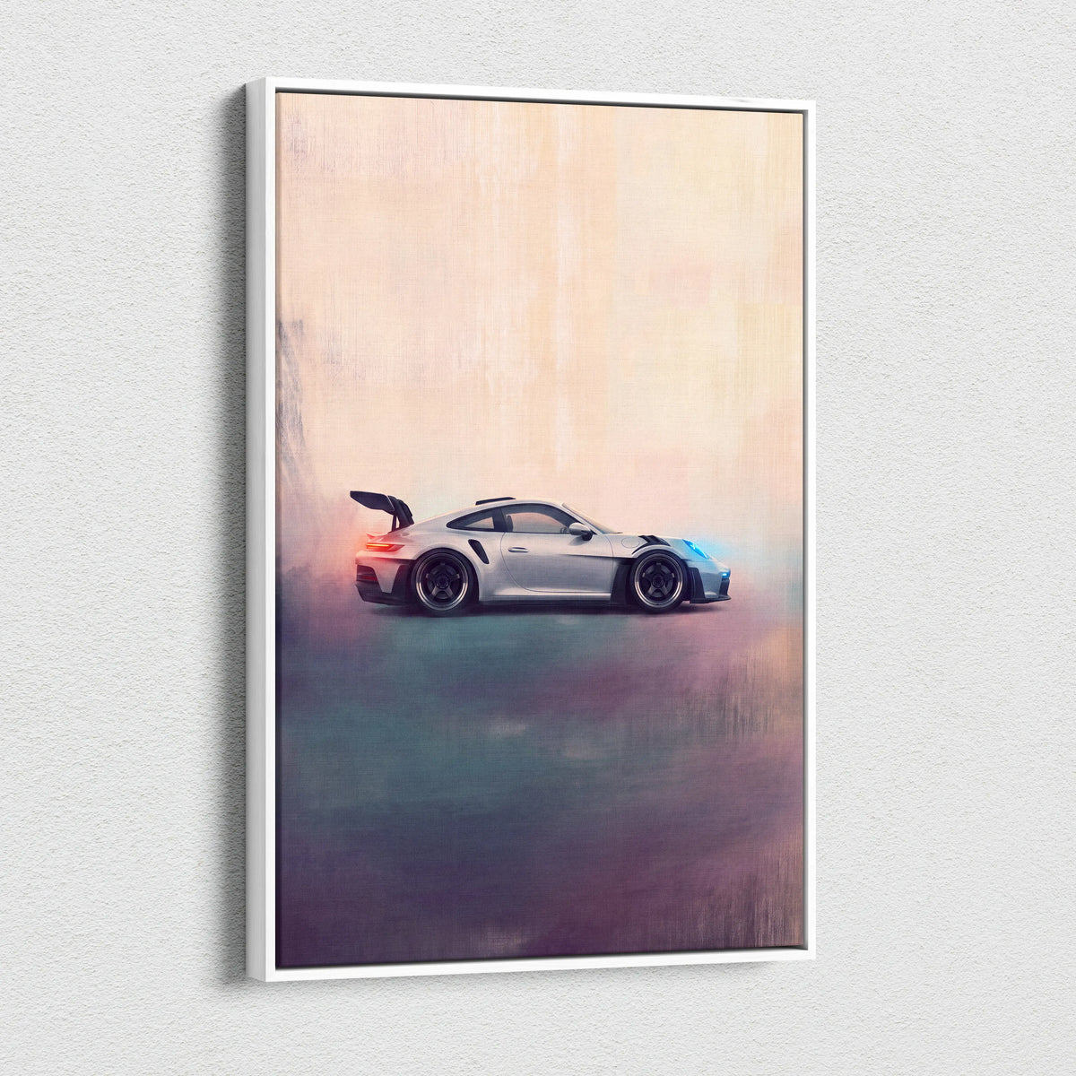 Silver porsche 911 gt3 rs inspired sports car poster in white frame luxury supercar canvas wall art