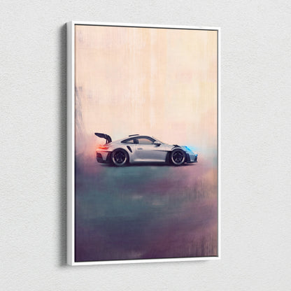 Silver porsche 911 gt3 rs inspired sports car poster in white frame luxury supercar canvas wall art