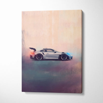 Silver Porsche 911 GT3 RS canvas print featuring sleek aerodynamic design with black racing stripes and blue orange accents