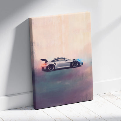 Silver porsche 911 gt3 rs inspired sports car canvas print with sleek design and vibrant blue front bumper accents