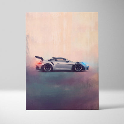 Silver porsche 911 gt3 rs inspired luxury supercar canvas print with black wheels and rear spoiler in artistic painting style