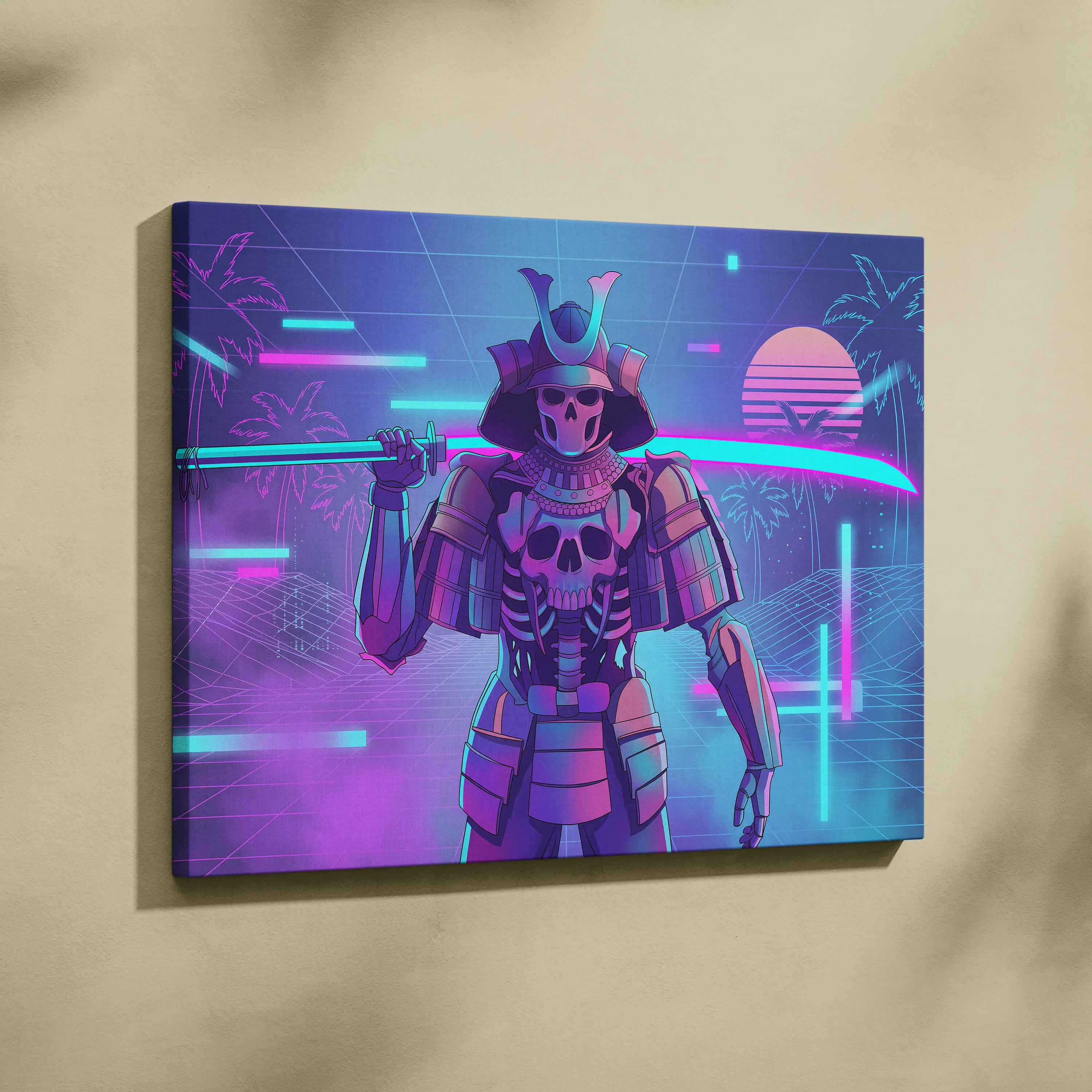 Vaporwave Skull Samurai Canvas - Samurai Skull Neon Pink Teal Living Room Vaporwave Dreamy Neon Mood Canvas