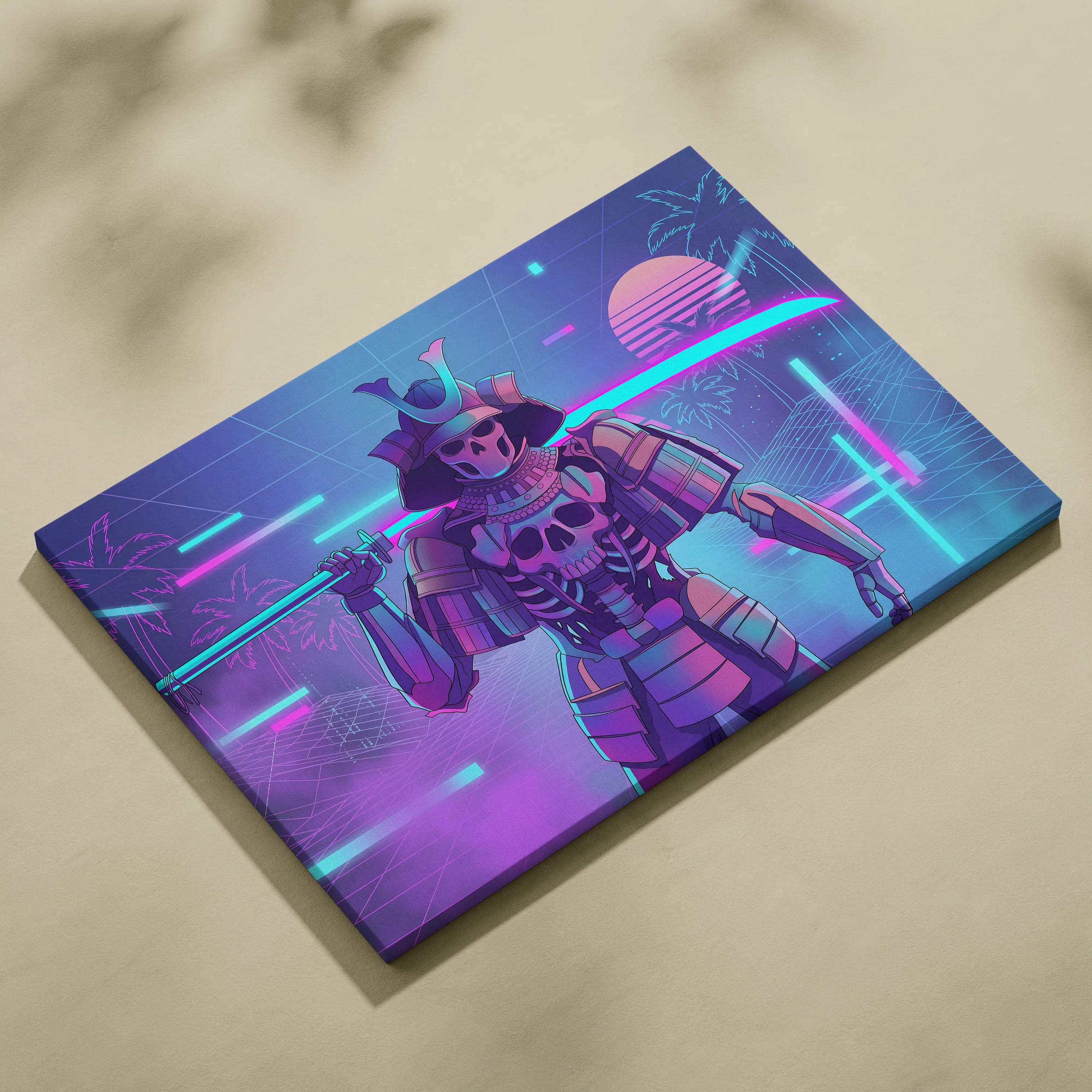 Vaporwave Skull Samurai Canvas - Samurai Skull Neon Pink Teal Living Room Vaporwave Dreamy Neon Mood Canvas