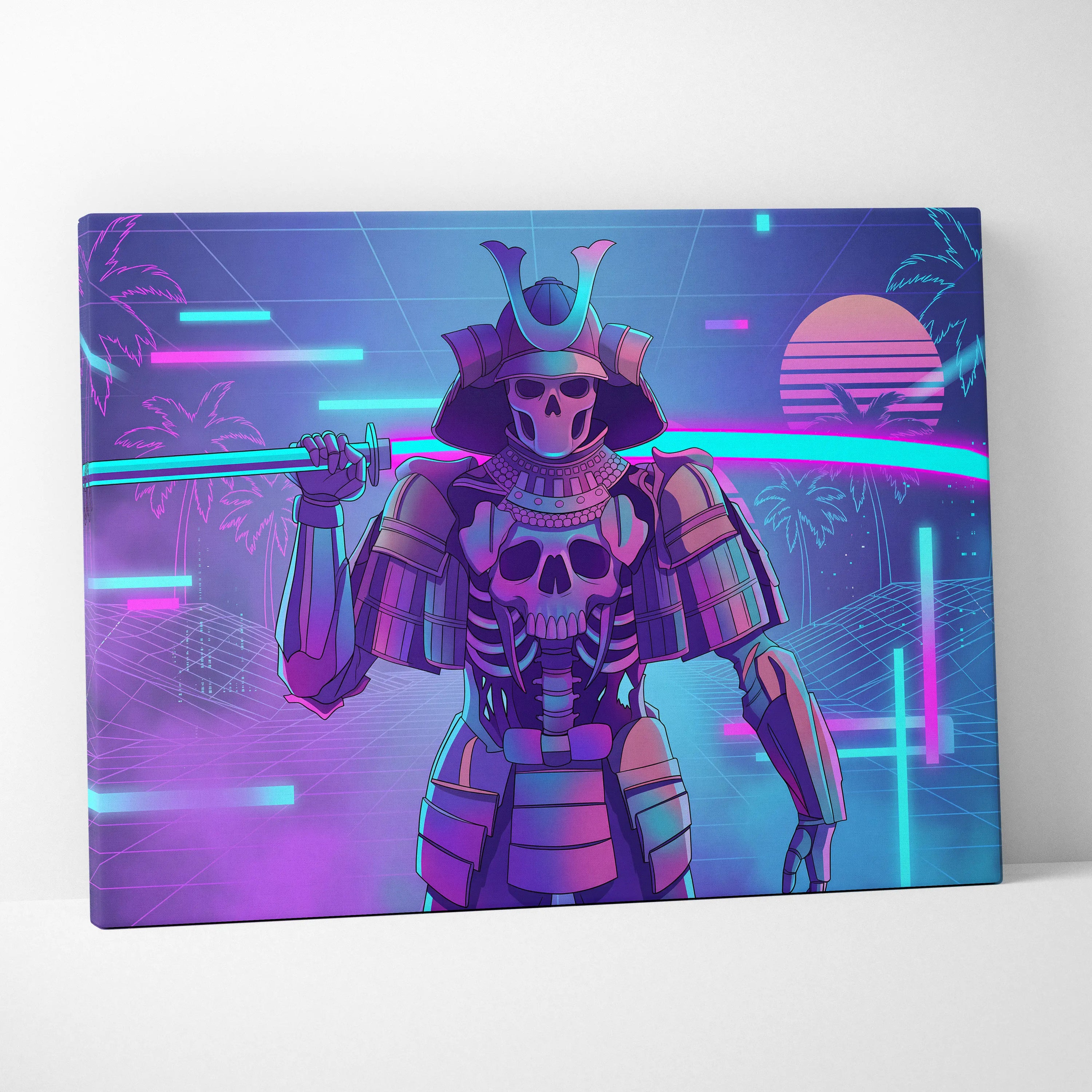 Vaporwave Skull Samurai Canvas - Samurai Skull Neon Pink Teal Living Room Vaporwave Dreamy Neon Mood Canvas